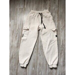 Social Tourist Jogger Sweatpants Cargo Pockets Beige Fleece Lined Drawstring XS